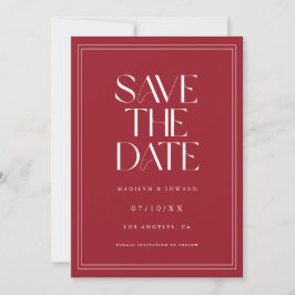 Moderne Trouwfoto van Koppel in Wijnrood Save The Date