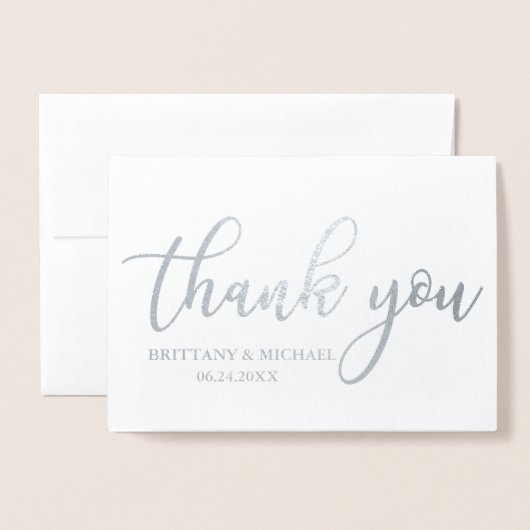 Moderne Trouwfoto Zilver Bedankt Folie Kaarten (Voorkant met envelop)