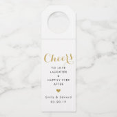 Moderne trouwgunst met gouden hart Cheers Flessenhanger (Voorkant)