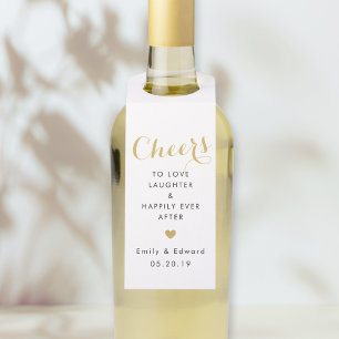 Moderne trouwgunst met gouden hart en Cheers Flessenhanger