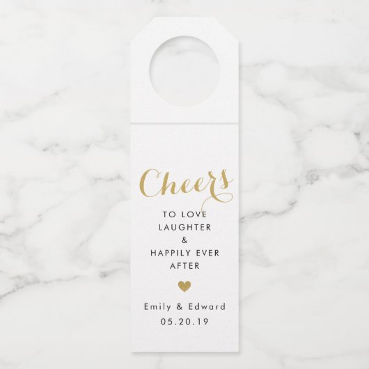 Moderne trouwgunst met gouden hart flessenhanger (Voorkant)