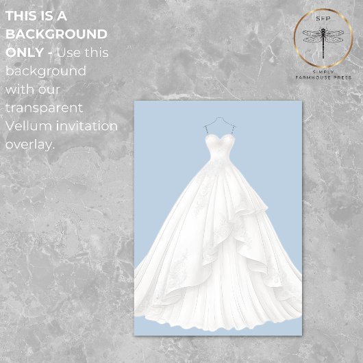 Moderne trouwjurk Blauwe achtergrond Douche Kaart