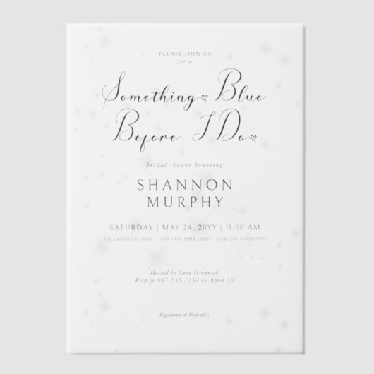 Moderne trouwjurk Iets Blauw Sparkle Douche Vellum Uitnodigingen (Voorkant)