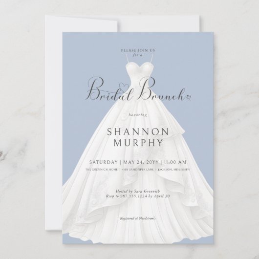 Moderne trouwjurk op blauwe bruids brunch kaart (Voorkant)