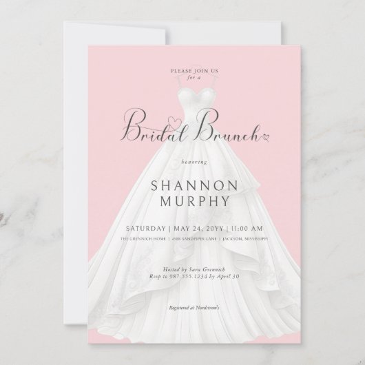 Moderne trouwjurk op roze bruids brunch kaart (Voorkant)