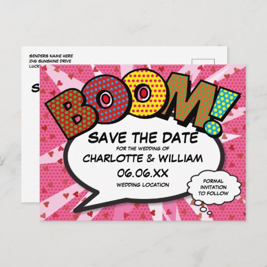 Moderne Trouwkaart in Comicstijl Roze Save the Dat Briefkaart (Voorkant / Achterkant)