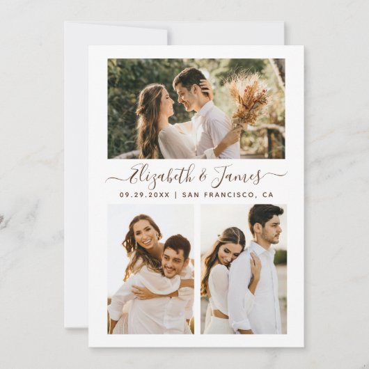 Moderne trouwkaart met 3 foto's om de datum te res save the date (Voorkant)