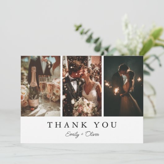 Moderne Trouwkaart met Drie Foto's Bedankt (Staand voorkant)