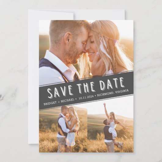 Moderne Trouwkaart met Drie Foto's Collage Save th Save The Date (Voorkant)