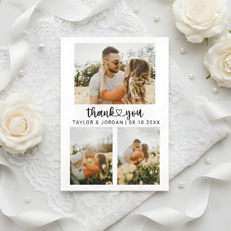 Moderne Trouwkaart met Drie Foto's en Hart Script Bedankkaart