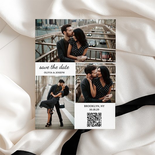 Moderne Trouwkaart met Drie Foto's en QR-code Save The Date