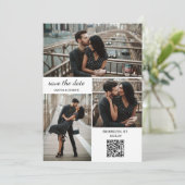Moderne Trouwkaart met Drie Foto's en QR-code Save The Date (Staand voorkant)