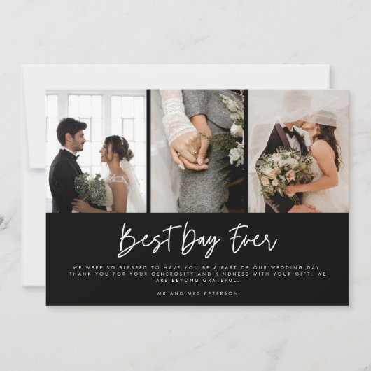 Moderne Trouwkaart met drie foto's Zwart Witte Bed Bedankkaart (Voorkant)