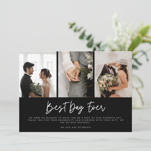 Moderne Trouwkaart met drie foto's Zwart Witte Bed Bedankkaart (Staand voorkant)