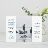 Moderne trouwkaart met foto in marineblauw en wit aankondiging (Staand voorkant)