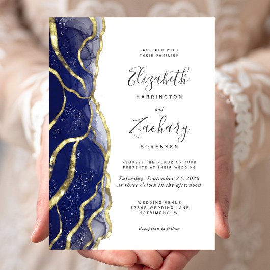 Moderne trouwkaart met Navy Blue en gouden inkt Kaart