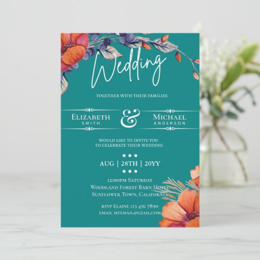 Moderne trouwkaart met turquoise en oranje bloemen (Staand voorkant)