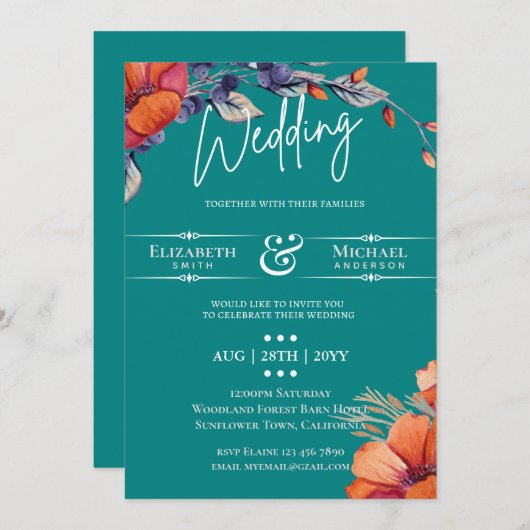 Moderne trouwkaart met turquoise en oranje bloemen (Voorkant / Achterkant)