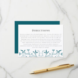 Moderne trouwkaart met turquoise scrollwerk motiev informatiekaartje