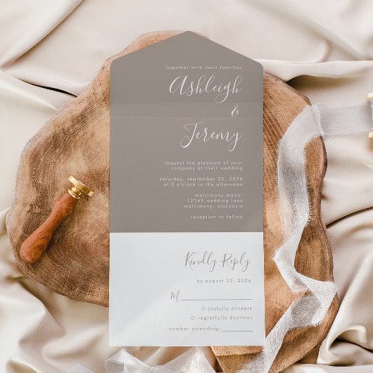 Moderne Trouwkaart Minimal Taupe All In One Uitnodiging