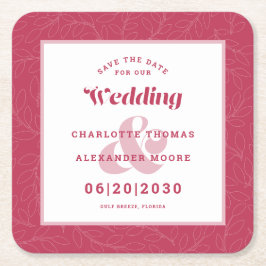 Moderne Trouwkaart Save The Date Magenta Blad Patr Kartonnen Onderzetters