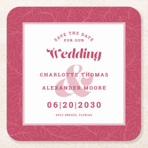 Moderne Trouwkaart Save The Date Magenta Blad Patr Kartonnen Onderzetters