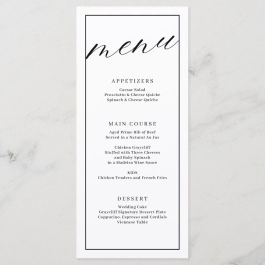 Moderne Trouwmenukaart in Zwart en Wit Menu (Voorkant)