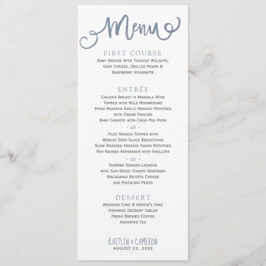 Moderne Trouwmenu's | Typografie (Stofblauw) Menu (Voorkant)