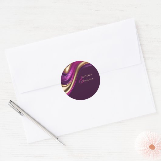Moderne trouwstickers-Paarse fuchsia en goud Ronde Sticker (Envelop)