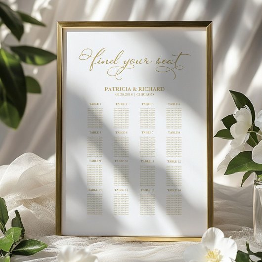 Moderne trouwstoelindeling met goud folie bord poster