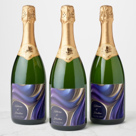 Moderne Trouwtafel Decor-Blauw Paarse Goud- Sparkling Wijnetiket (Flessen)