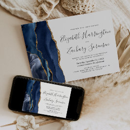 Moderne trouwuitnodiging in Navyblauw met Gouden A Kaart