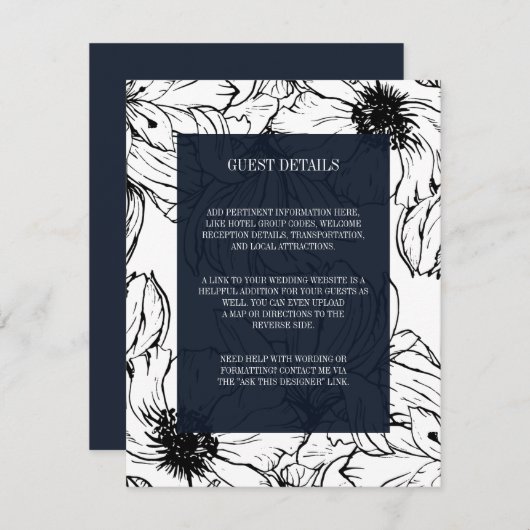Moderne tuin | Blue Floral bruiloft Gast Details Informatiekaartje (Voorkant / Achterkant)