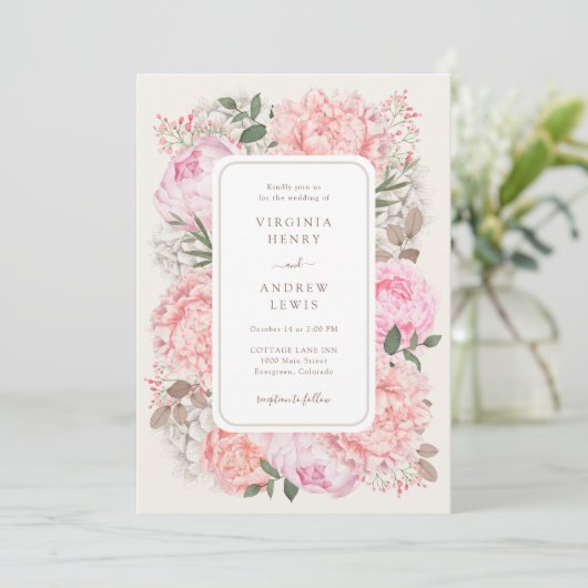 Moderne tuin pioen bruiloft kaart (Staand voorkant)