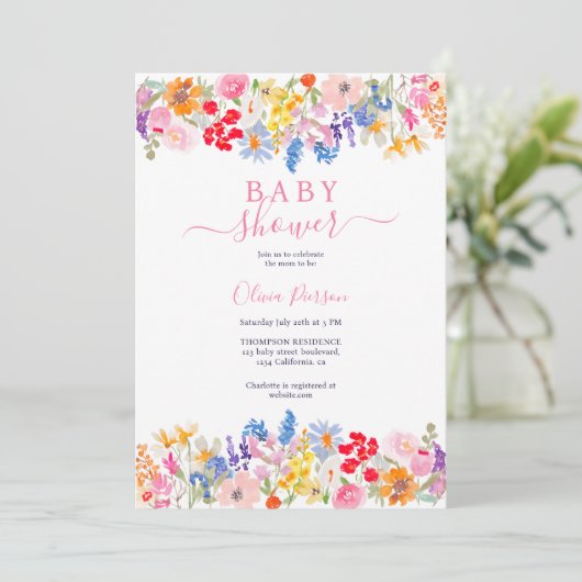Moderne tuin wilde bloemen script baby shower kaart (Staand voorkant)