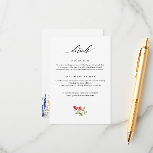 Moderne Tuinbloemen Handgeschreven Trouwinformatie Informatiekaartje (Voorkant / Achterkant in situ)