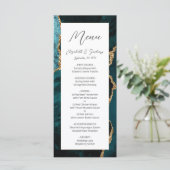 Moderne Turkoois Blauwe Gouden Agaten Bruiloft Menu (Staand voorkant)