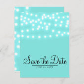 Moderne turkoois blauwe snoerlichten Save the Date Aankondigingskaart (Voorkant / Achterkant)