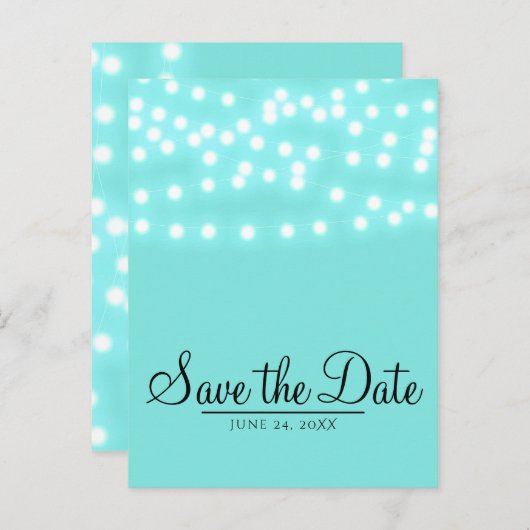 Moderne turkoois blauwe snoerlichten Save the Date Aankondigingskaart (Voorkant / Achterkant)