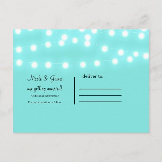 Moderne turkoois blauwe snoerlichten Save the Date Aankondigingskaart (Achterkant)