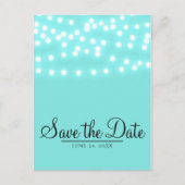 Moderne turkoois blauwe snoerlichten Save the Date Aankondigingskaart (Voorkant)
