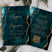 Moderne Turkooisblauwe Agaat Script QR Code Trouwk Kaart