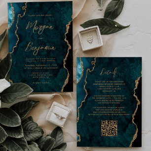 Moderne Turkooisblauwe Agaat Script QR Code Trouwk Kaart