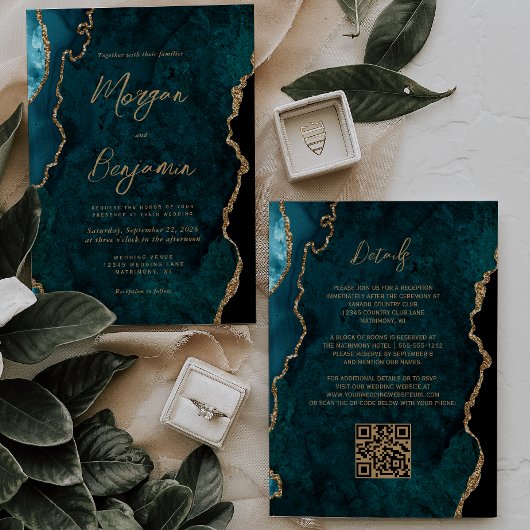 Moderne Turkooisblauwe Agaat Script QR Code Trouwk Kaart