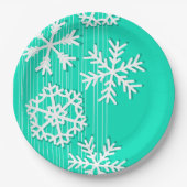Moderne turkooizen en sneeuwvlokken met witte kers papieren bordje (Voorkant)