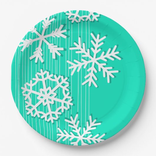 Moderne turkooizen en sneeuwvlokken met witte kers papieren bordje (Voorkant)