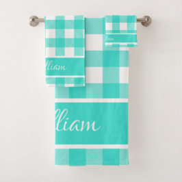 Moderne Turquoise Aqua Buffalo Checks Script Naam Bad Handdoek