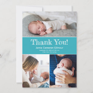 Moderne Turquoise Blau 3 Foto Baby Shower Geboorte Bedankkaart