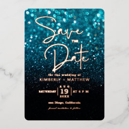 moderne Turquoise Blauwe Glitter Save the date bru Folie Uitnodiging
