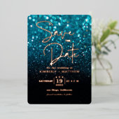 moderne Turquoise Blauwe Glitter Save the date bru Folie Uitnodiging (Staand Voorkant)